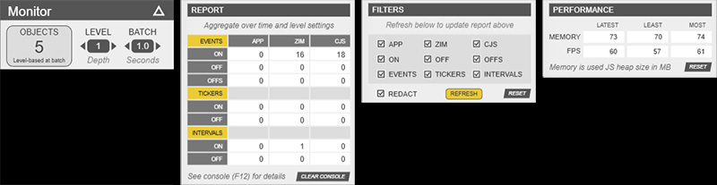 ZIM Monitor for Performance, FPS, objects on Canvas with JavaScript