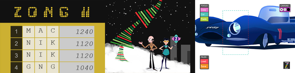 Picture 3. The last of the three save and share demonstrations, this again is broken into three pictures. The first has a a black and yellow leader board for a game called ZONG. The second is a collage with a holiday scene featuring Dr Abstract and Pragma in the snow by a Dr Seuss-like tree with a city in the background. It is night so the snowflakes glow white! The third picture is of a cool old fashioned jaguar car in dark blue. This is Dr Abstract's car drawn by Sheridan Animator, Antonio Caggiano! There are tools around the outside to let users cut and paste - the idea is that this can be used to create a comic - we just need some characters and some speech bubbles. All these things involve storing data for information and sharing.
